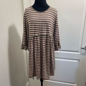 JODIFL Women's Striped 3/4 Sleeve Swing Dress Brown Size S Casual  SKU105